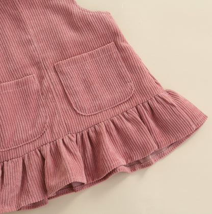 2Pcs Newborn Baby Girl Clothes Set Floral Print Long Sleeve Romper Pocket Corduroy Strap Suspender Skirts Girls Spring Outfits