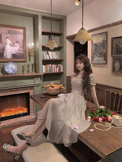 Korean Casual Midi Dress for Women 2025 New Summer Fashion Elegant Off The Shoulder Folds Ruffle Female Clothes Birthday Dress