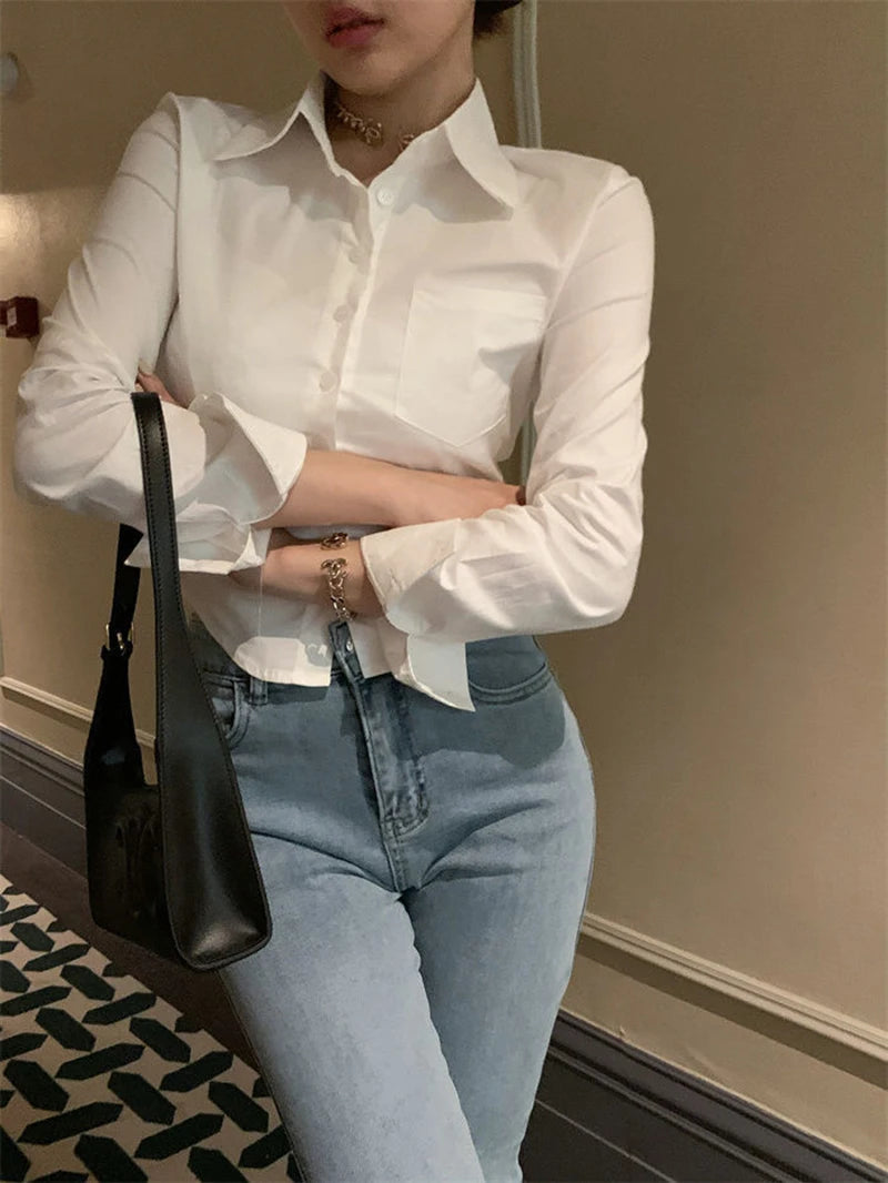 Korean White Office Women Chiffon Shirt Pocket Button Lapel Ladies Blouse Spring Commuter Long Sleeve New Female Crop Tops