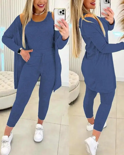 Elegant Fall Outfits Women 2025 Suit Fashion Versatile Casual Round Neck Tank Top & Drawstring Pants Set with Coat Three-piece