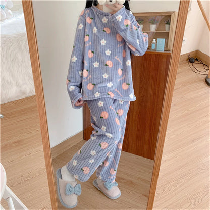 Flannel Long sleeve cartoon sleepwear suit Cozy Thick Warm Cartoon Sleepwear Suit Stylish Women's pajamas set for Autumn Winter