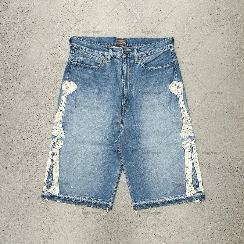 2025 European and American Summer Retro Skeleton Denim Shorts Sports Casual Shorts New Couple Wear Street Wear Five-Fifth Pants