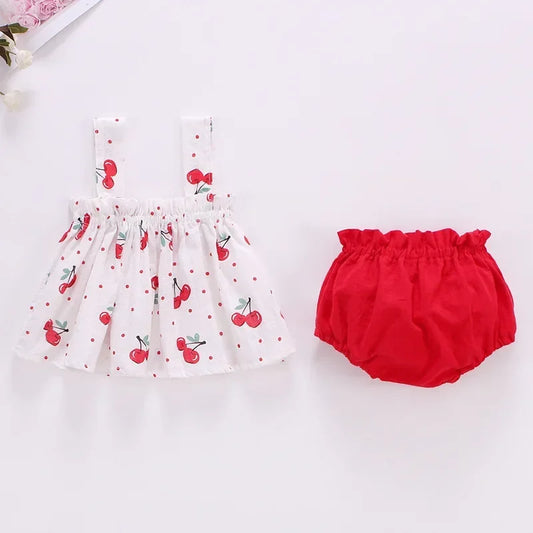 Baby Summer Dress Suit Baby Girl Clothes 0-2 Years Infant Toddler Cherry Sling Dress Bread Pants Two-piece Clothing Set