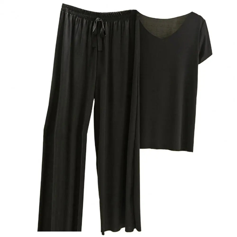 2 Pcs/Set Women T-shirt Pants Set Pleated Wide Leg V Neck Short Sleeves Loose Home wear Pullover Thin Summer Top Trousers Set