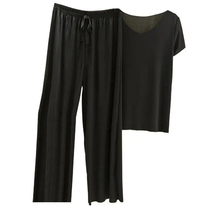 2 Pcs/Set Women T-shirt Pants Set Pleated Wide Leg V Neck Short Sleeves Loose Home wear Pullover Thin Summer Top Trousers Set