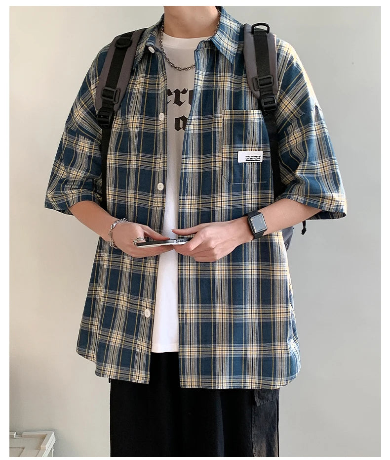 Korean Y2k Streetwear Plaid Shirt Men Shirts 2025 New Summer Fashion Chemise Homme Men's Checkered Shirts Short Sleeve Men Blouse