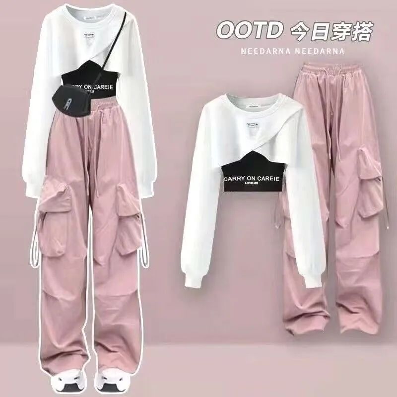 Spring and Autumn Set Women's 2025 Korean Loose Fashion Top Casual Work Pants Age Reducing Three Piece Set