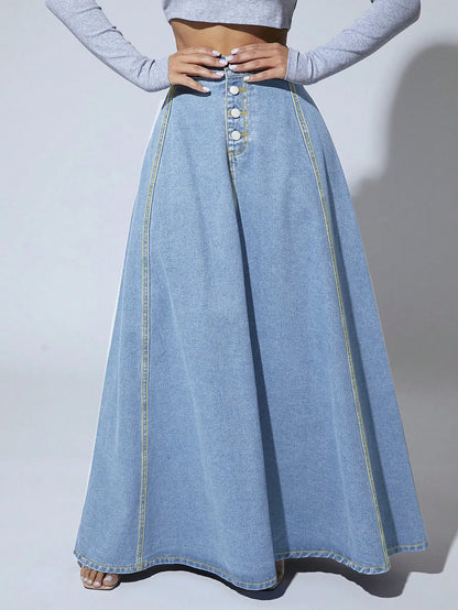 Denim Skirts Women Long Skirt A Line Single Breasted High Waist Jeans Vintage Maxi Simple Casual Elegant Splice Y2k Streetwear