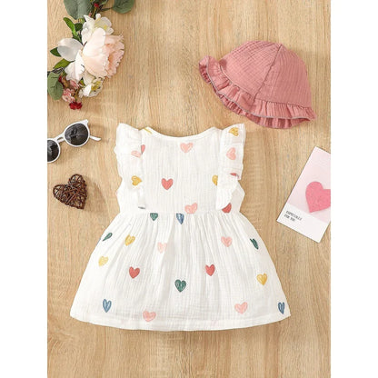 Newborn Baby Girl Sweet Cotton Dress Sleeveless Love Pattern Dress + Hat 2PCS Summer Beach Clothing for Infant Girl 0-9 Months