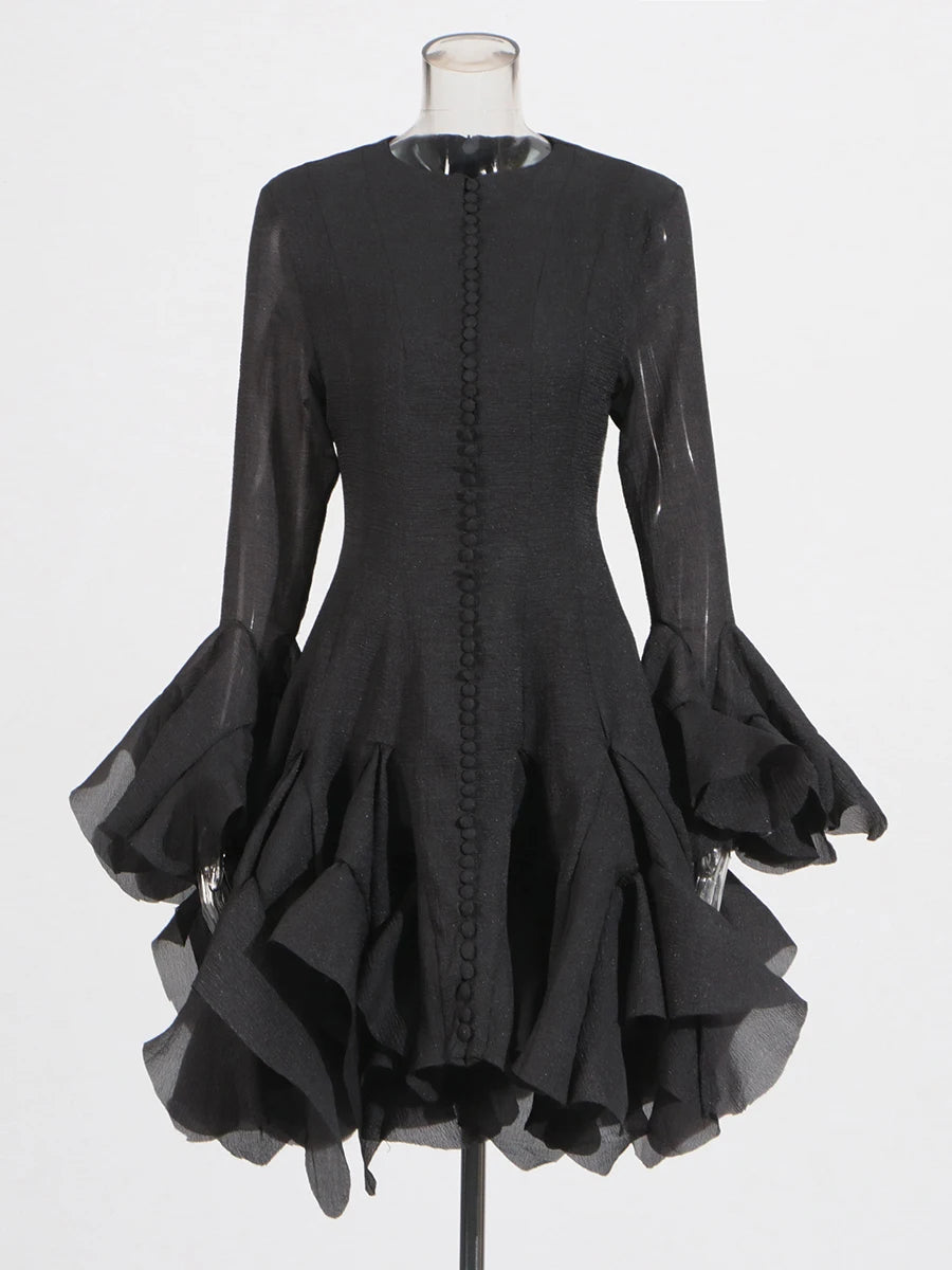 TWOTWINSTYLE Pink Patchwork Ruffle Dress For Women Round Neck Flare Sleeve High Wait Slim Elegant Midi 107CM Dress Female 2025