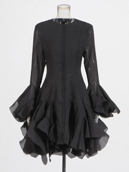 TWOTWINSTYLE Pink Patchwork Ruffle Dress For Women Round Neck Flare Sleeve High Wait Slim Elegant Midi 107CM Dress Female 2025