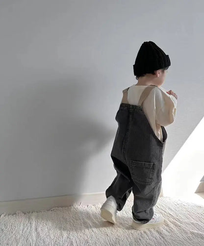 2025 Spring Boy Baby Pocket Overalls Loose Infant Suspenders Jumpsuit Retro Toddler Jeans Kids Casual Pants Girl Cotton Trousers