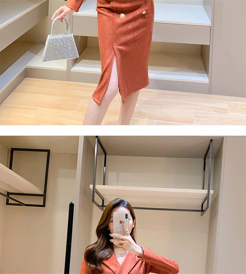 Office Lady Sexy Slim Blazer Dress Women Spring Korean Notched Collar Split Evening Party Dresses Elegant Midi Vestido De Fiest