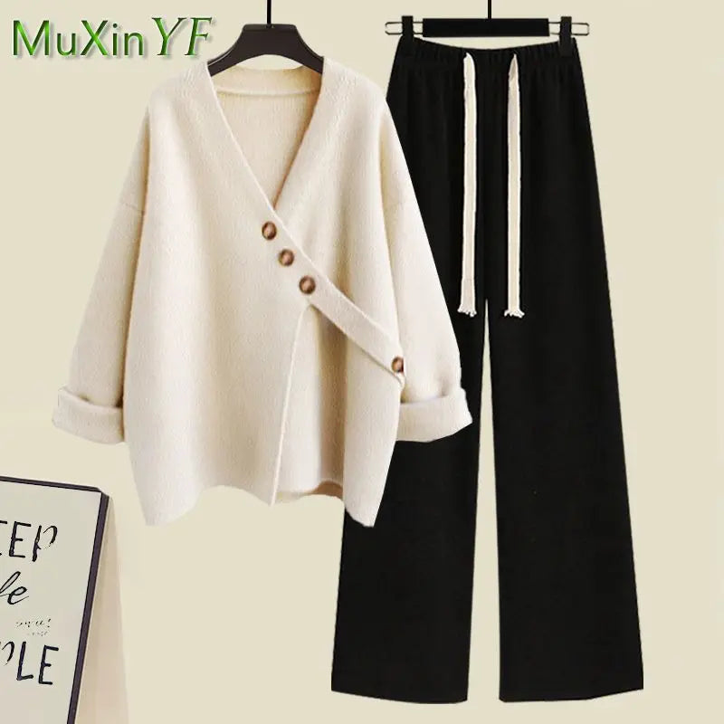 Women's Spring Autumn New Casual Matching Set Korean Elegant Irregular Knit Sweater+ Loose Wide Leg Pants Two Piece Female Suit