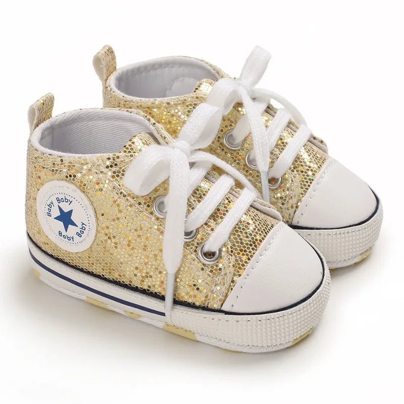 Baby Shoes Bling Canvas Infant Baby Girls Shoes Lace-up Comfortable Boy Sneaker Soft Sole Anti-slip Toddler First Walkers