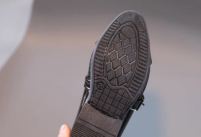 Boys Leather Shoes 2022 Spring Autumn Kids Performance Mary Janes Shoes for Party Wedding Shows Solid Black Slip-on Shoes