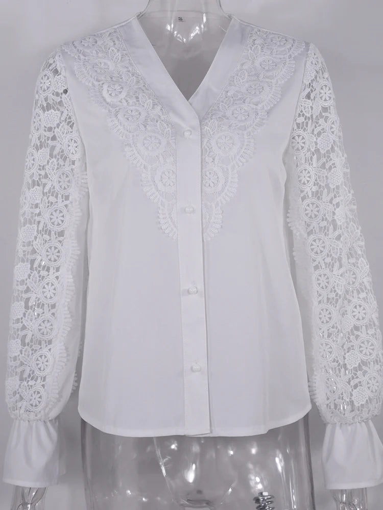 Shirts Elegant Office Ladies White Collared Lace Patchwork Hollow Out Button Up Women's Tops And Blouses 2025 Fashion New Blouse