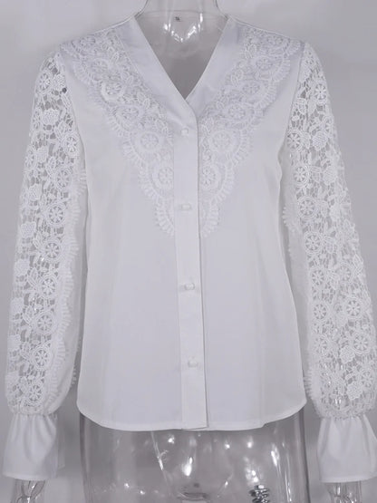 Shirts Elegant Office Ladies White Collared Lace Patchwork Hollow Out Button Up Women's Tops And Blouses 2025 Fashion New Blouse
