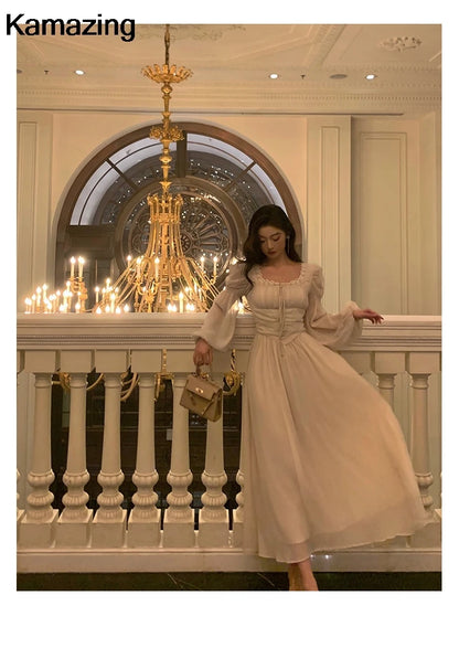 Elegant Square Collar Lace Dress Princess Evening Party Midi Dresses Women Autumn High Waist A-line Prom Robe One Piece Vestidos