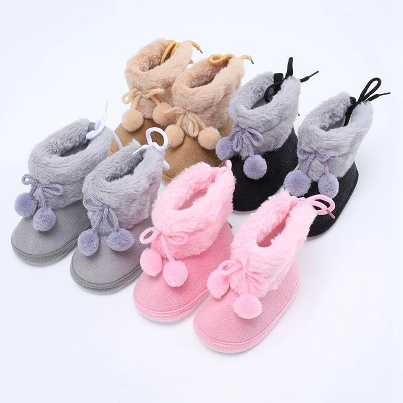 Winter Baby Boots Plus Velvet Snow Booties Baby Shoes Warm baby Girl Shoes Pompom Soft Sole Indoor Walking Shoe