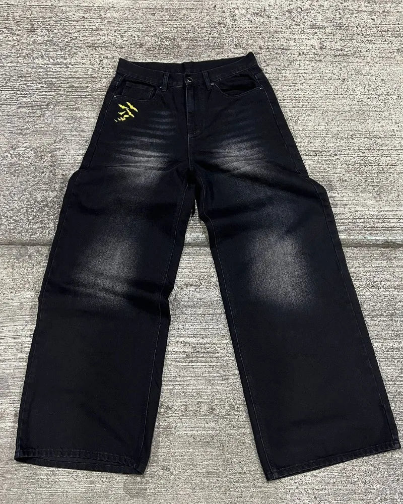 American Style Baggy Oversized Jeans Y2K Harajuku Retro Hip-hop Streetwear Gothic Bat Pattern Casual Straight Wide-leg Pants Men