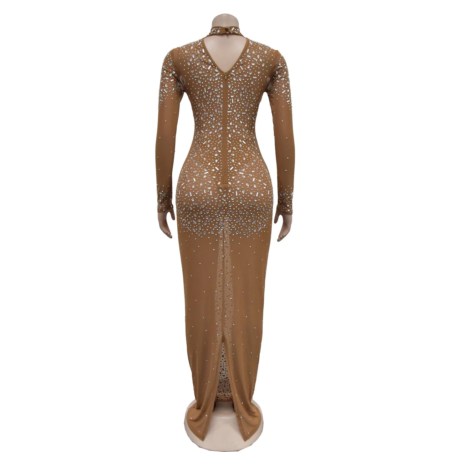 Women Sexy See Through Sheer Mesh Rhinestone Décor Long Sleeve Maxi Party Dress