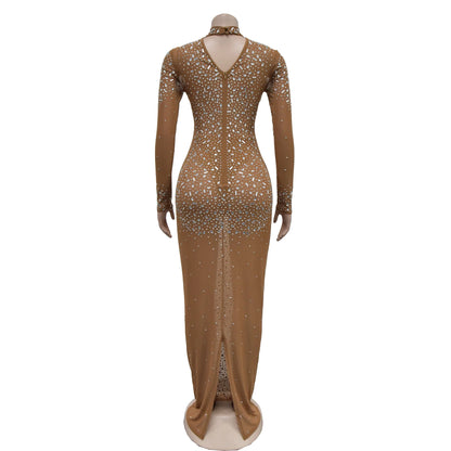 Women Sexy See Through Sheer Mesh Rhinestone Décor Long Sleeve Maxi Party Dress