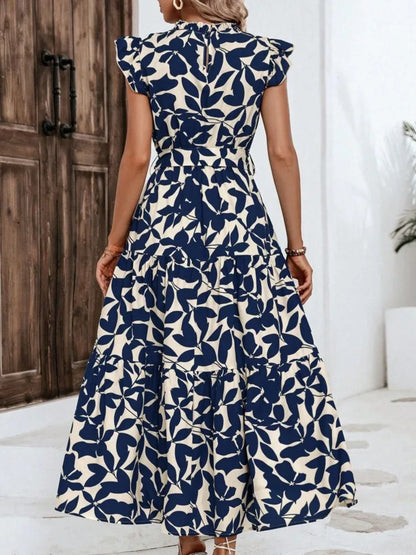 Elegant Women's Flower Midi Dress New Summer Fashion Stand Collar Flying Sleeve Lace Up Dress Casual Beach Holiday Dresses Robe