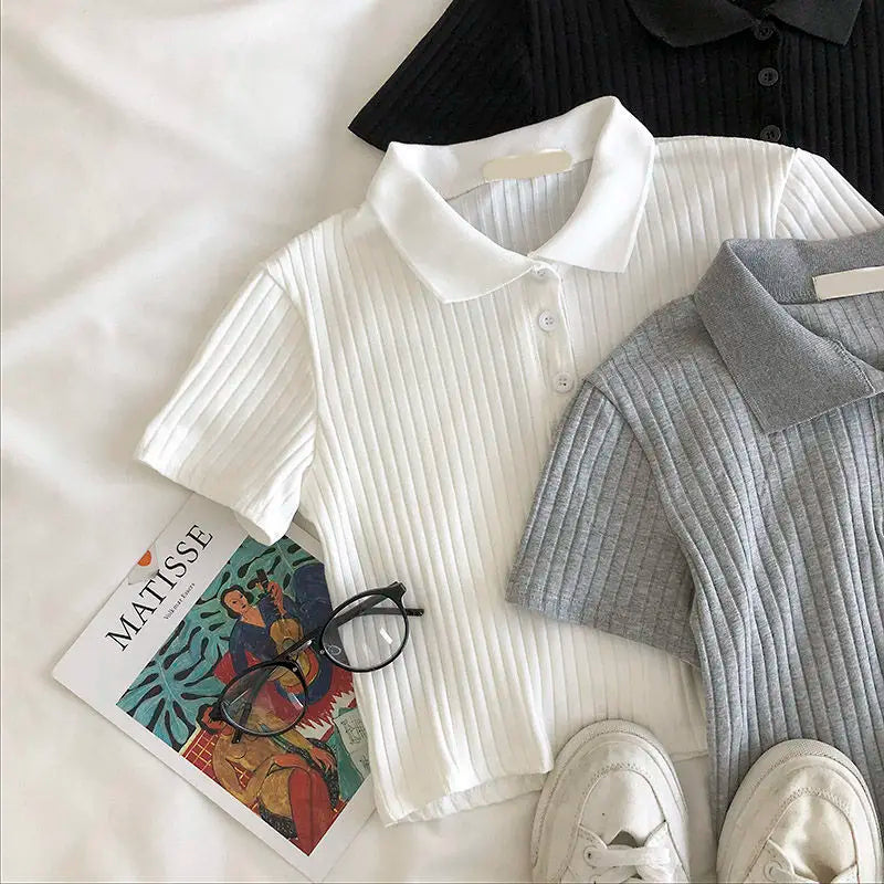 Women Knit School Polo Neck Cropped Shirt Summer Short Sleeve Youthful Solid Color Crop Top Female Basic Blouse Lady Pullover