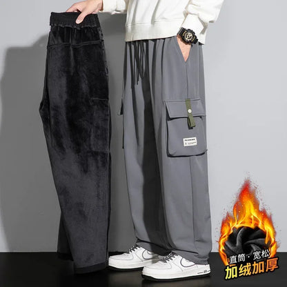 2025 Cargo Pants Men Straight Fit Wide Leg Fleece Lined Trouser Male Winter Fashion Loose Baggy Large Plus Size Warm Streetwear