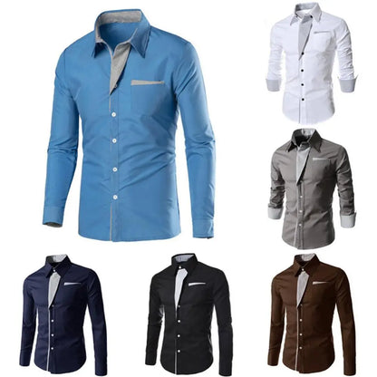 Fashion Slim Fit Men Top Shirt Long Sleeve Stand Collar Color Block Button up Top