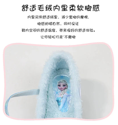 Disney Princess Kids Warm Winter Shoes for Girls Elsa Casual Glitter Children Flat Heel Girls Shoes Butterfly Knot Blue Pink