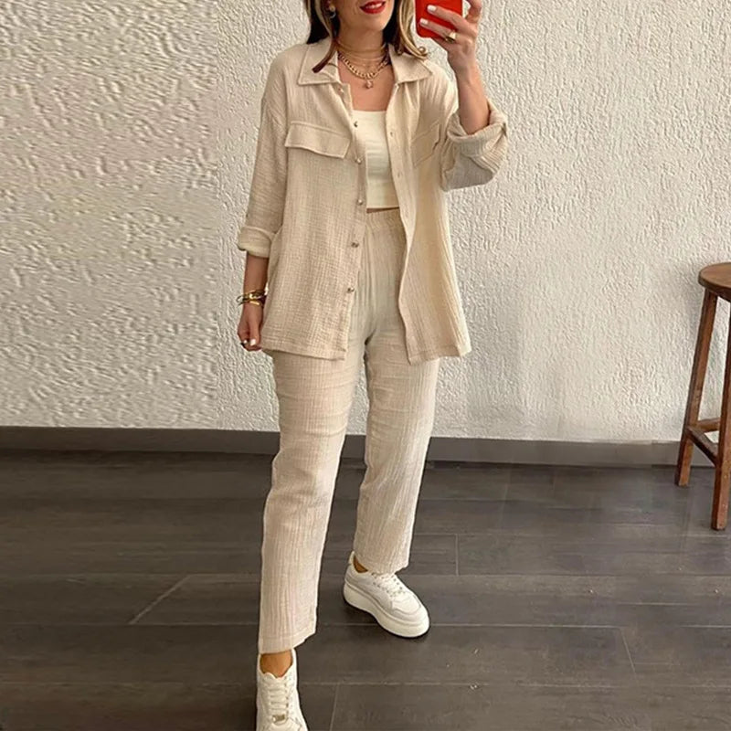 Summer outfits for women 2025 New Loose Button Long Sleeve Shirt and Cropped Pants Casual Sports Summer women's suit Pants Set