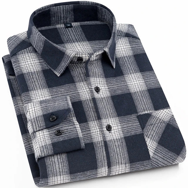 Men's Slim-fit Casual Brushed Flannel Contrast Plaid Shirt Single Patch Chest Pocket Comfortable Soft Long Sleeve Gingham Shirts