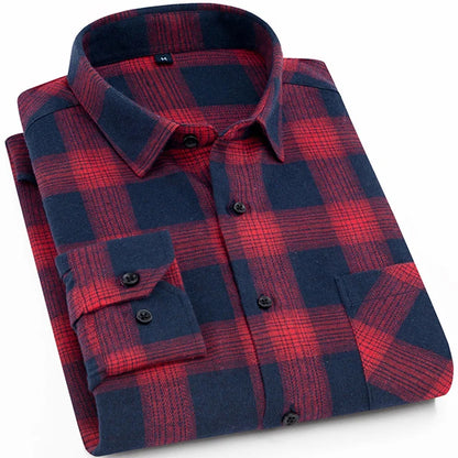 Men's Slim-fit Casual Brushed Flannel Contrast Plaid Shirt Single Patch Chest Pocket Comfortable Soft Long Sleeve Gingham Shirts