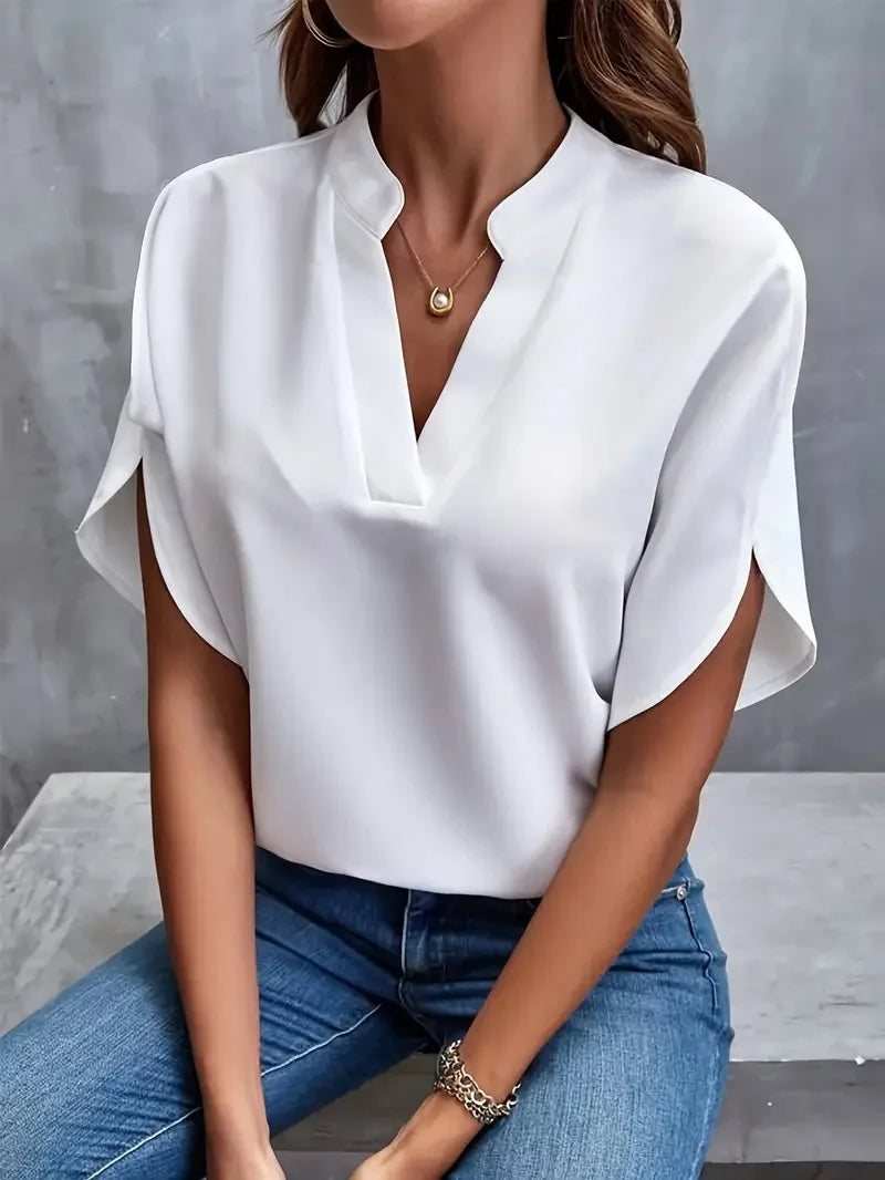 Summer Elegant Women's Blouse New V-neck Short Sleeve Solid Color Loose Shirt Casual White Tops Office Lady Blouse