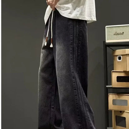 New American Retro Black Straight-leg Jeans For Men High-street Washed Fashionable Loose Wide-leg Floor-length Trousers Clothing
