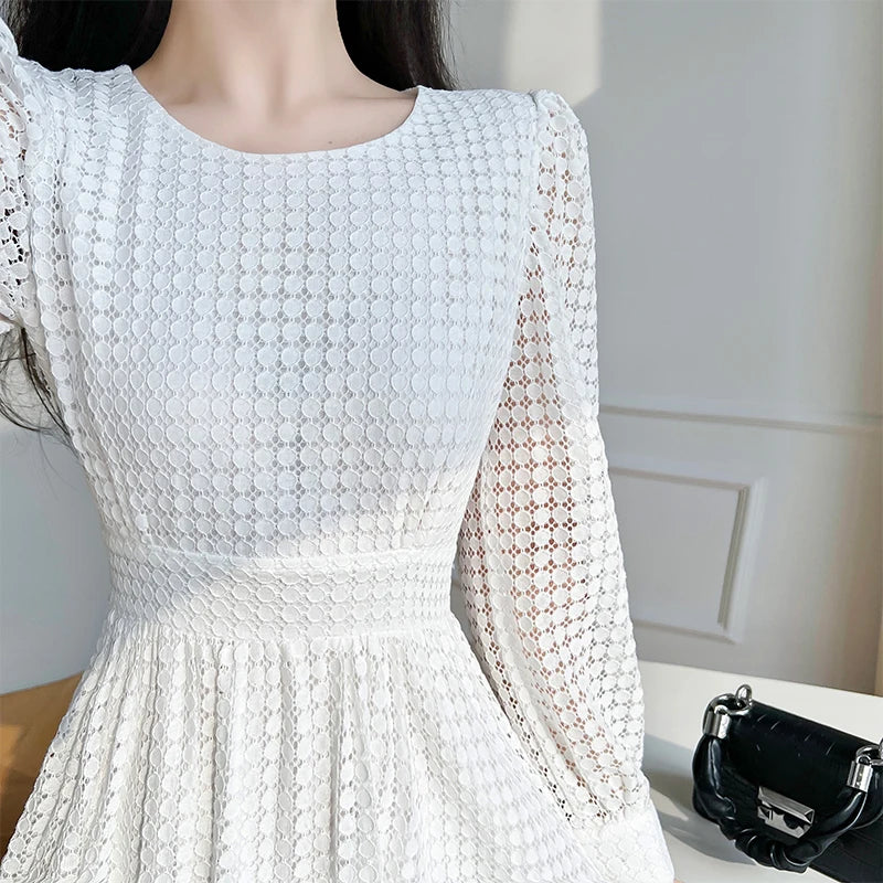 Lace Long Sleeves White Midi Dresses for Women 2025 New Autumn French Elegant Fashion Evening Wedding Party Robe Female Clothing