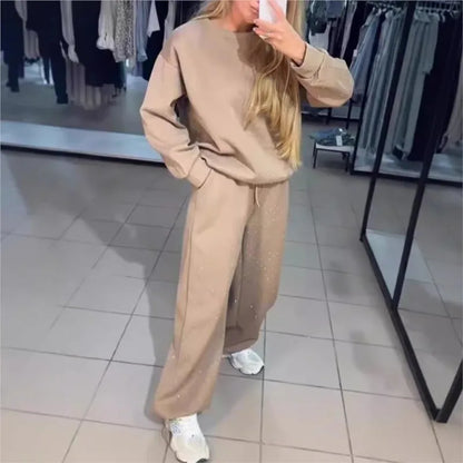 Women's Pants Suit Autumn New O-neck Hot Diamond Long-sleeved T-shirt Drawstring Sweatpants Fashionable Ladies 2-piece Sets