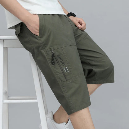 Men's Cargo Shorts Knee Pants Zipper Pocket Summer Cotton Shorts Climbing Jogger Elastic Waist Sports Wear