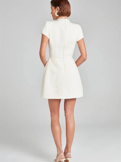 Tosssy Shiny Elegant Female MIni Dress Pocket Short Sleeve Patchwork Fashion Slim Party Dress Gown Women's Glitter Vntage Dress