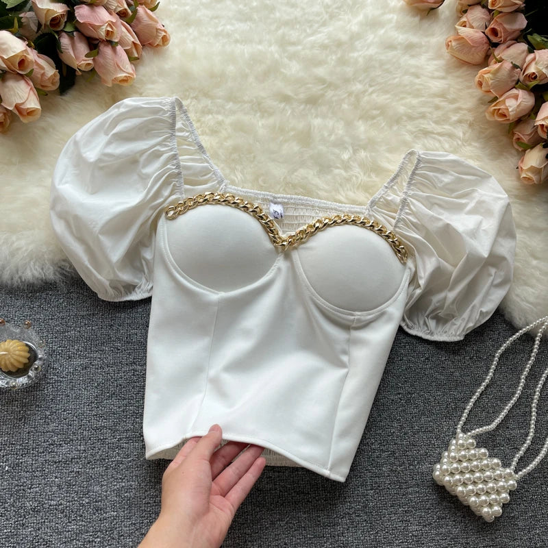 Belly Button Shirt Chic Chain Off Shoulder Expose Clavicle Tank Top Summer Puff Sleeve Crop Tops Women Elegant Sexy Slim Blouses