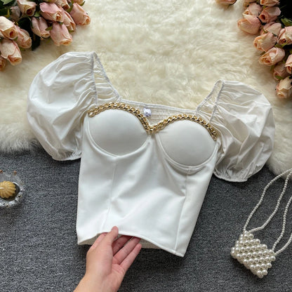 Belly Button Shirt Chic Chain Off Shoulder Expose Clavicle Tank Top Summer Puff Sleeve Crop Tops Women Elegant Sexy Slim Blouses