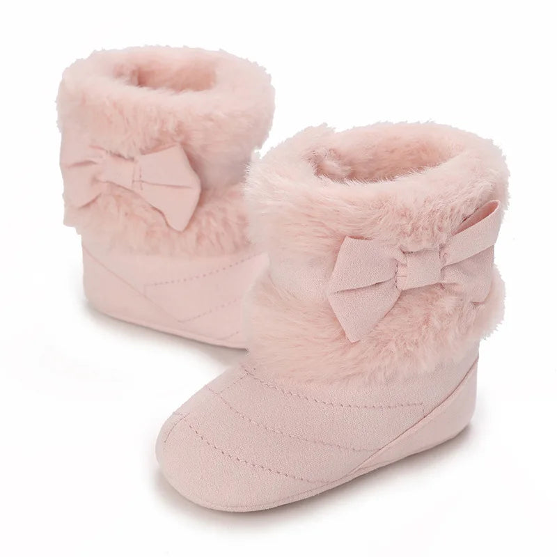 Baby Girl Boots Cute Bowknot Crib Shoes Infant Winter Warm Plush Boots First Walker Shoes with Non-Skid Soles