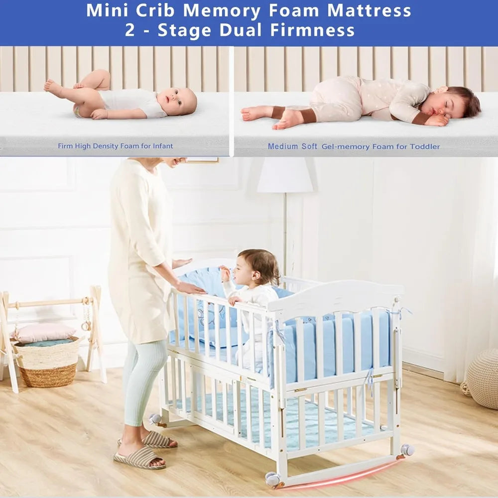 Mini Baby Crib 4 in 1 Convertible with Memory Foam Mattress(38"by 24") Included, Cunas para Babes 2024 Natural Wood Portable Crib