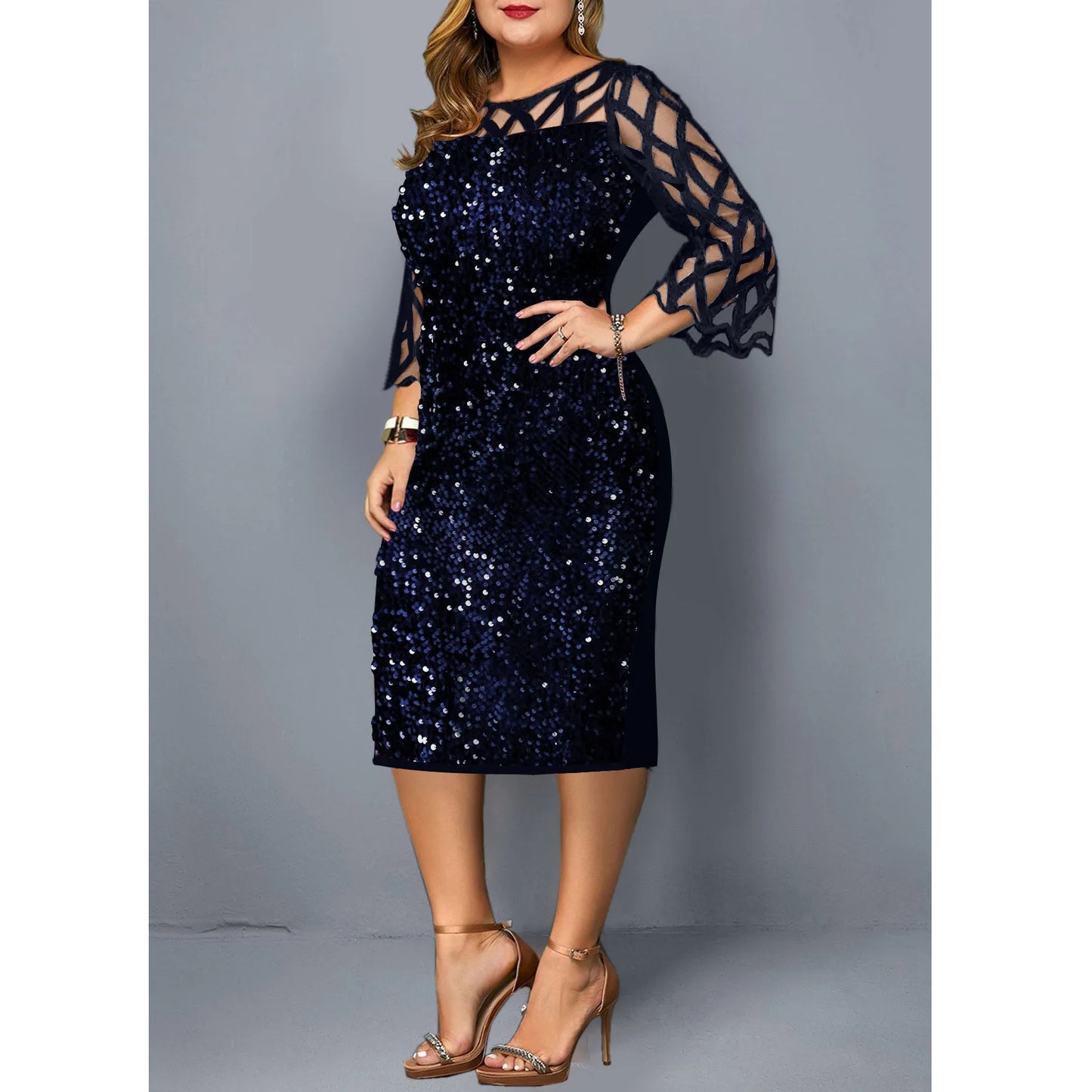 Elegant Sequin Plus Size 4XL 5XL Women Midi Dress Sexy Casual Evening Party Dress Gown Wedding Luxury Robe Rouge Vestidos