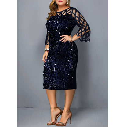Elegant Sequin Plus Size 4XL 5XL Women Midi Dress Sexy Casual Evening Party Dress Gown Wedding Luxury Robe Rouge Vestidos