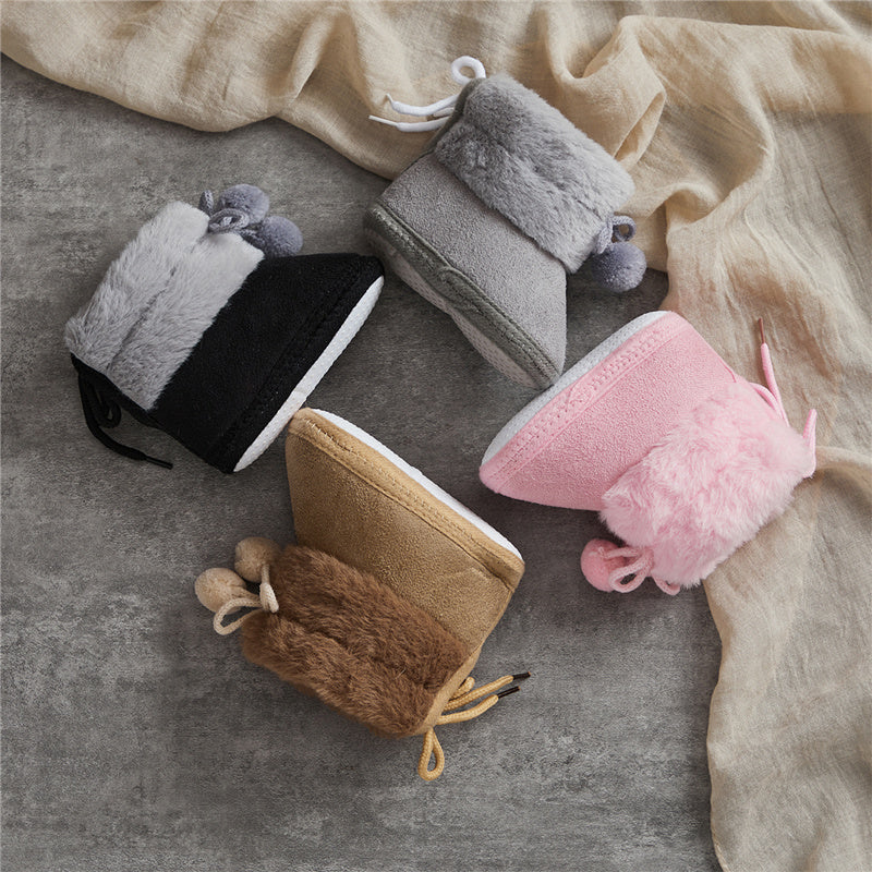 Suefunskry Toddler Baby Girls Boys Boots Winter Warm Soft Sole Fluffy Lace up Boots Cute Plush Pom Decoration Non Slip Shoes