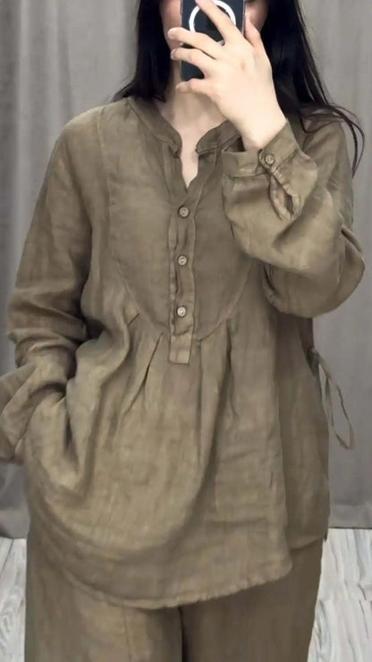 Autumn Fashion Cotton Linen Long Sleeve Half Open Shirt For Women's Suit Casual Pleated Elegant Female Wide Leg Pants 2piece Set