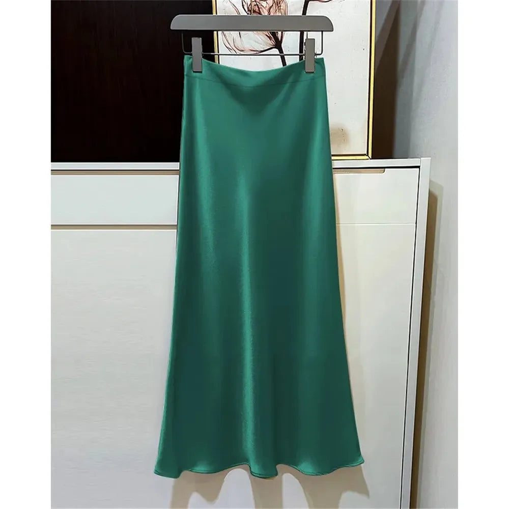 2025 Black Satin Skirt Women High Waist Elegant Long Skirts Street Fashion Summer Midi Skirt Office Slim Sexy Vintage Skirts
